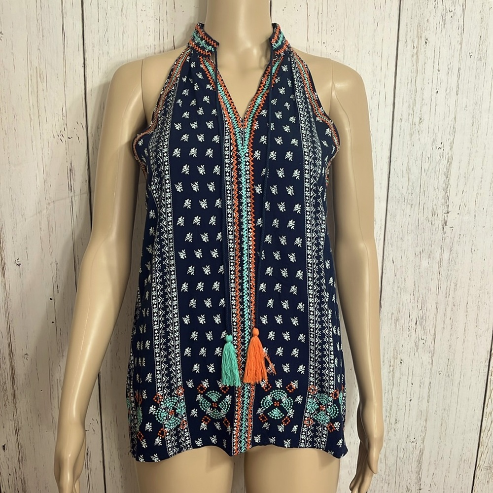 Morgan Claire Sleeveless Top Navy Tribal Print Size Small